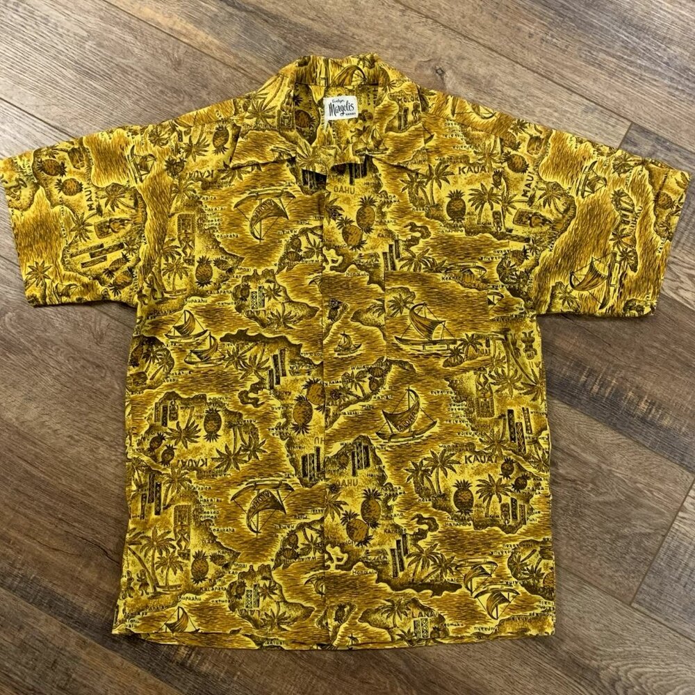 Vtg EVELYN MARGOLIS Hawaii ALOHA SHIRT Hawaiian Island Scenes Names GOLD & BROWN